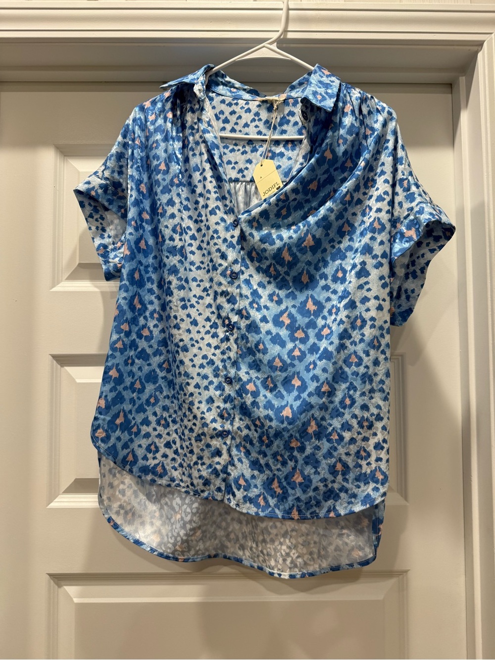 JODIFL Blue Printed Short Sleeve Button-Down Top